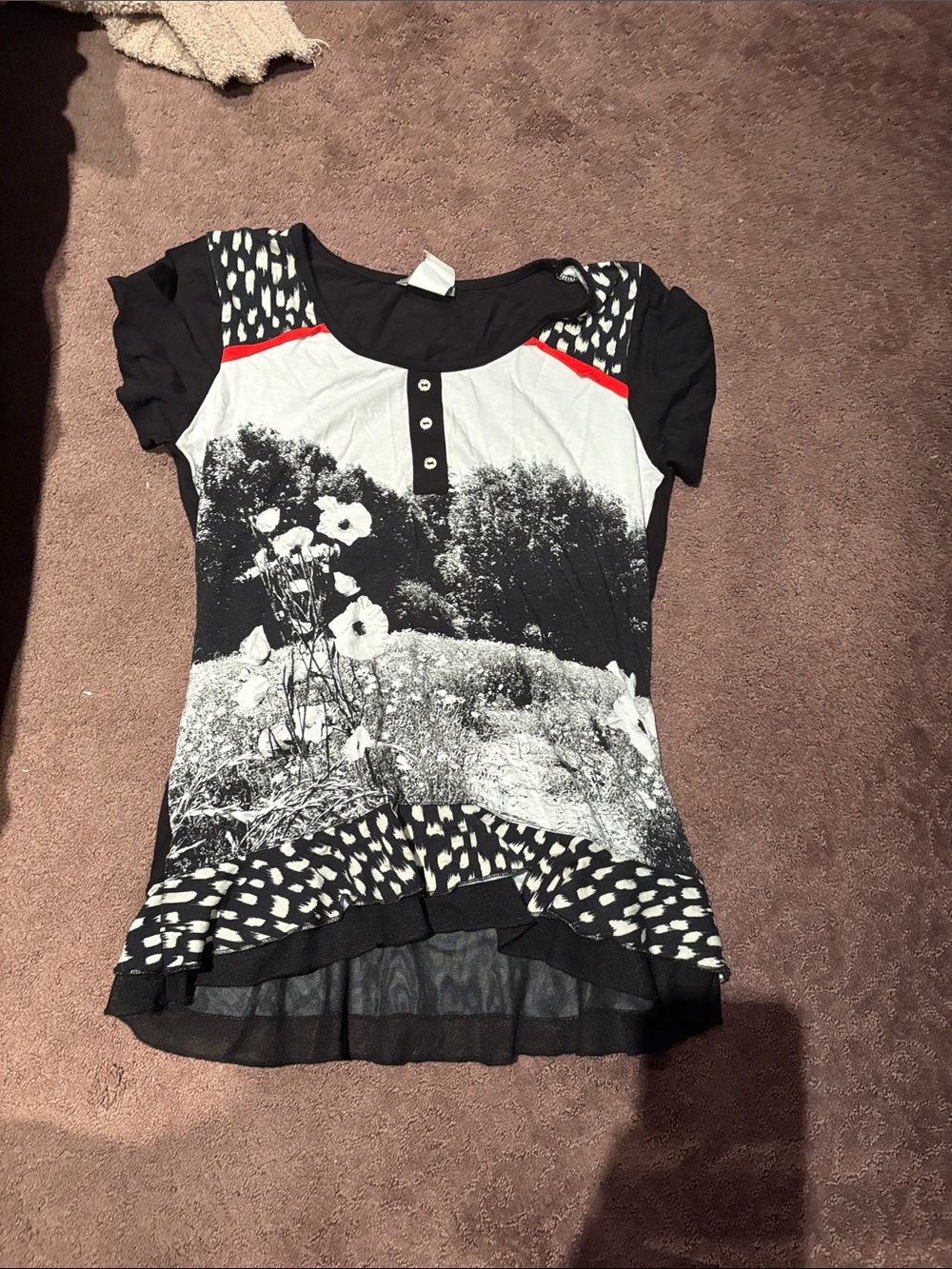 Black & White Graphic Short Sleeve Tee with Red Accent